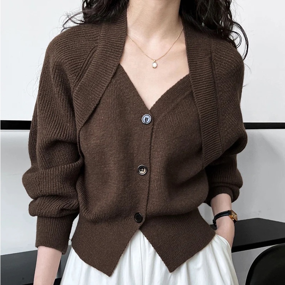 COMMENSE Patchwork V-neck Knit Button Sweater Brown Size Small NWT